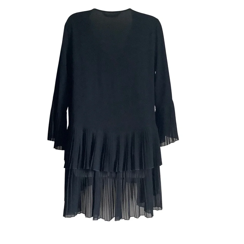 Zara Womens Black Tiered Pleated Mini Dress V-Neck Long Sleeve Size Large